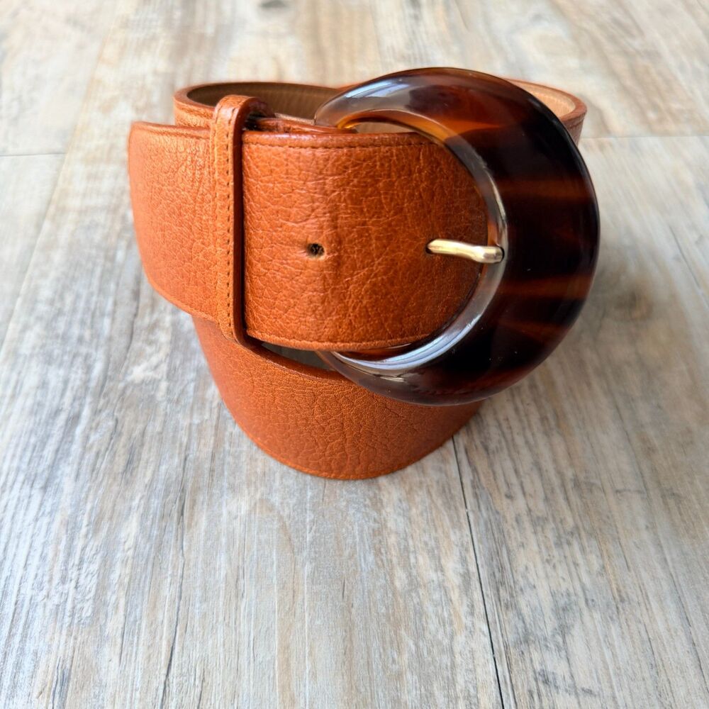 Vintage Genuine Leather Belt USA Made Brown Tortoise Buckle Size 27 Lands End